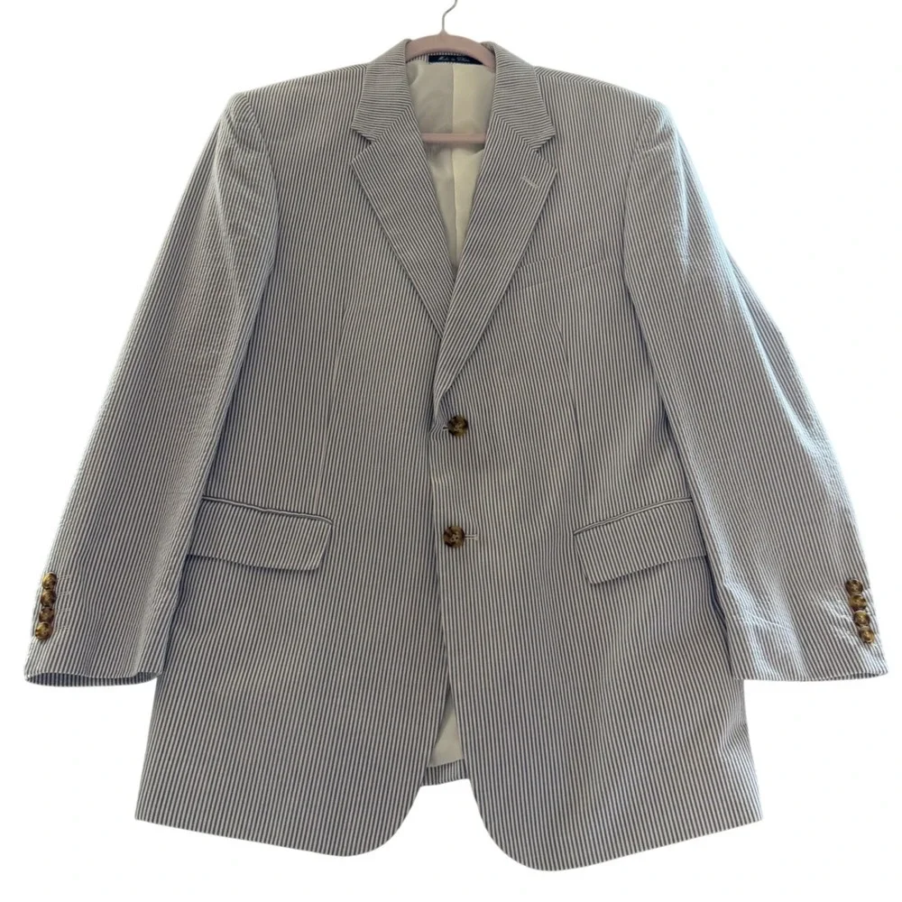 Zagato Seersucker Sport Coat Blazer Blue White Stripe Preppy Ivy 40R Mens